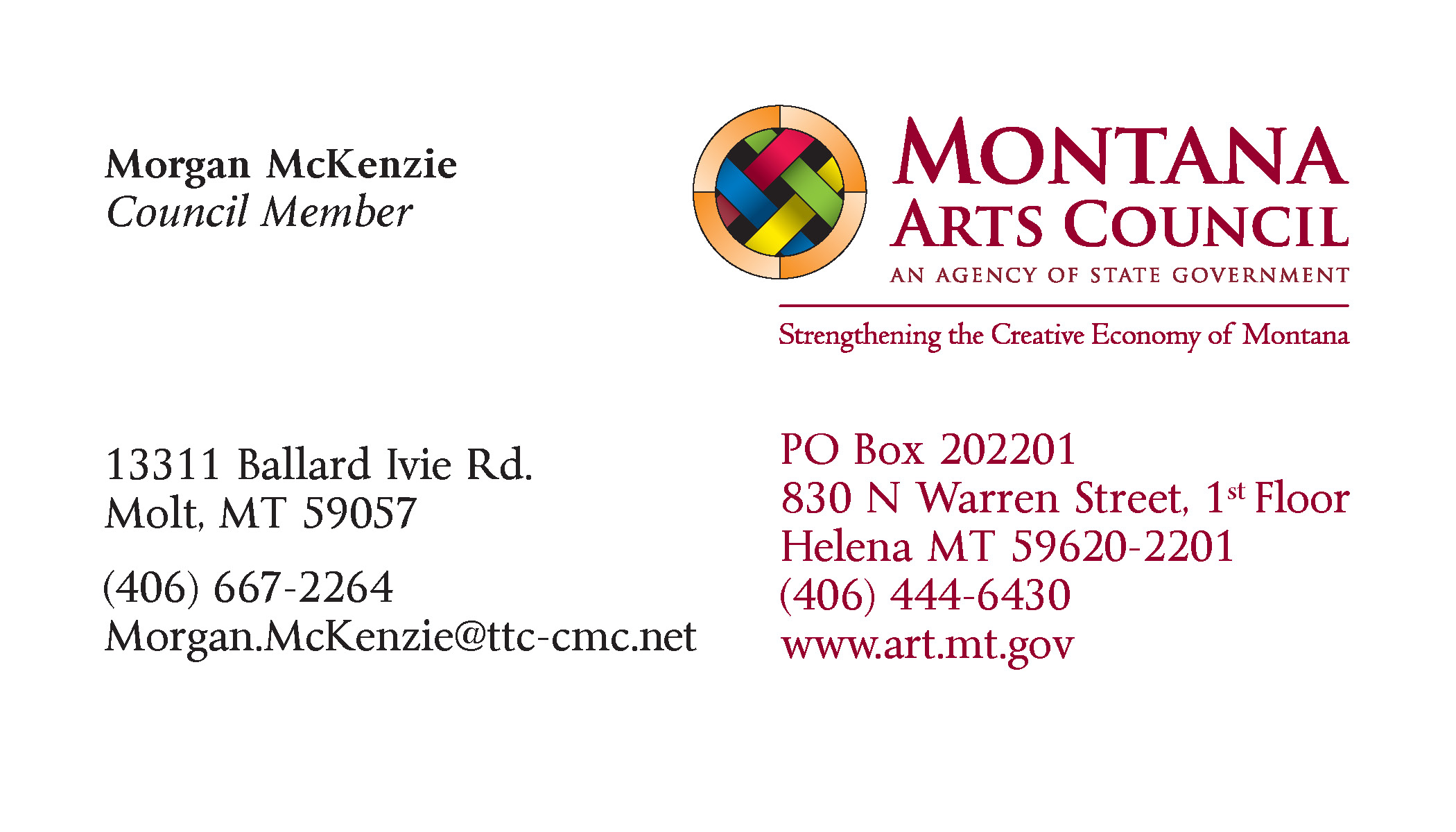 Business Card Template Montana Arts Council Option 2 Front