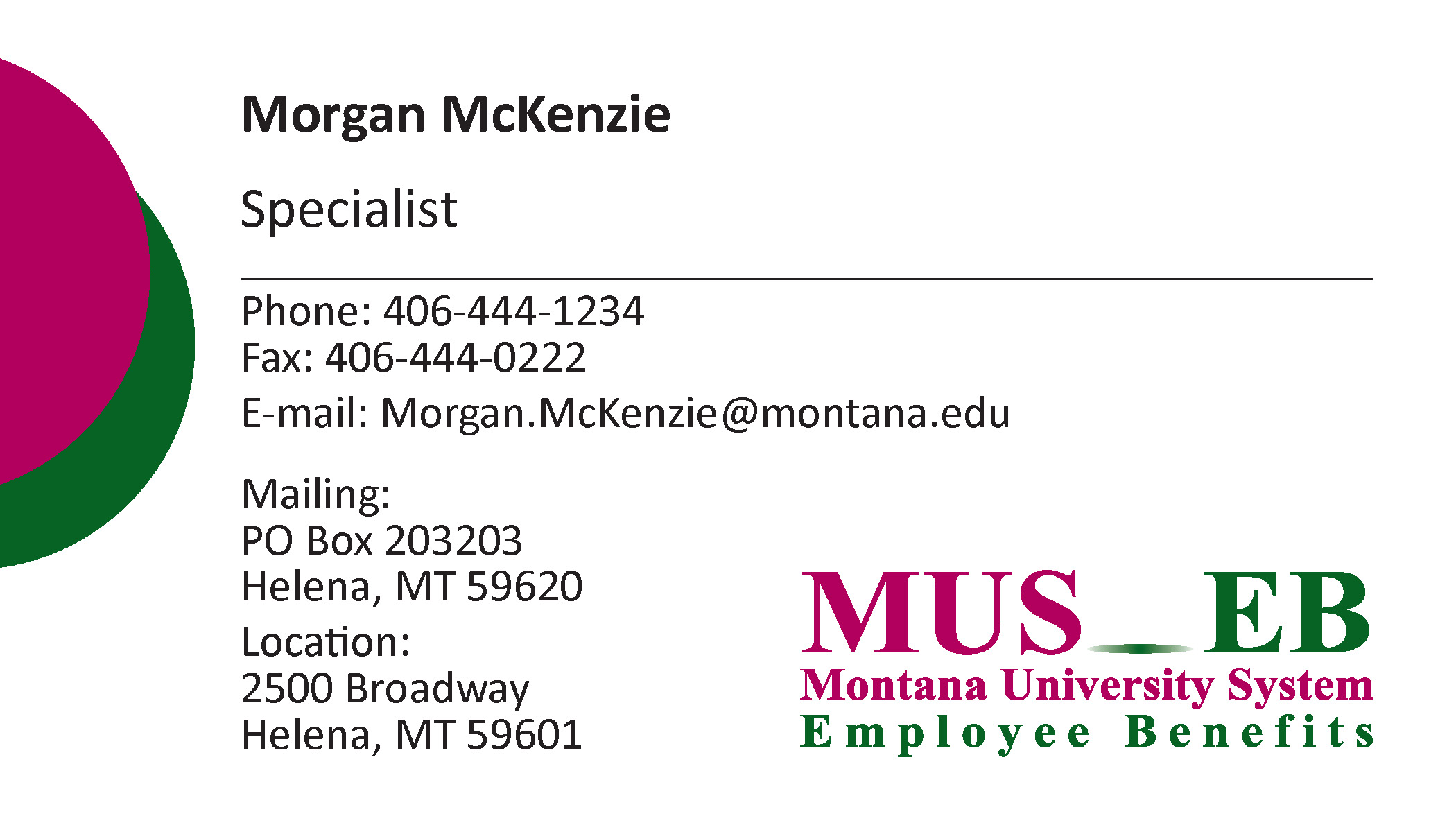 Business Card Template Montana University System Employee Benefits Option 1 Front
