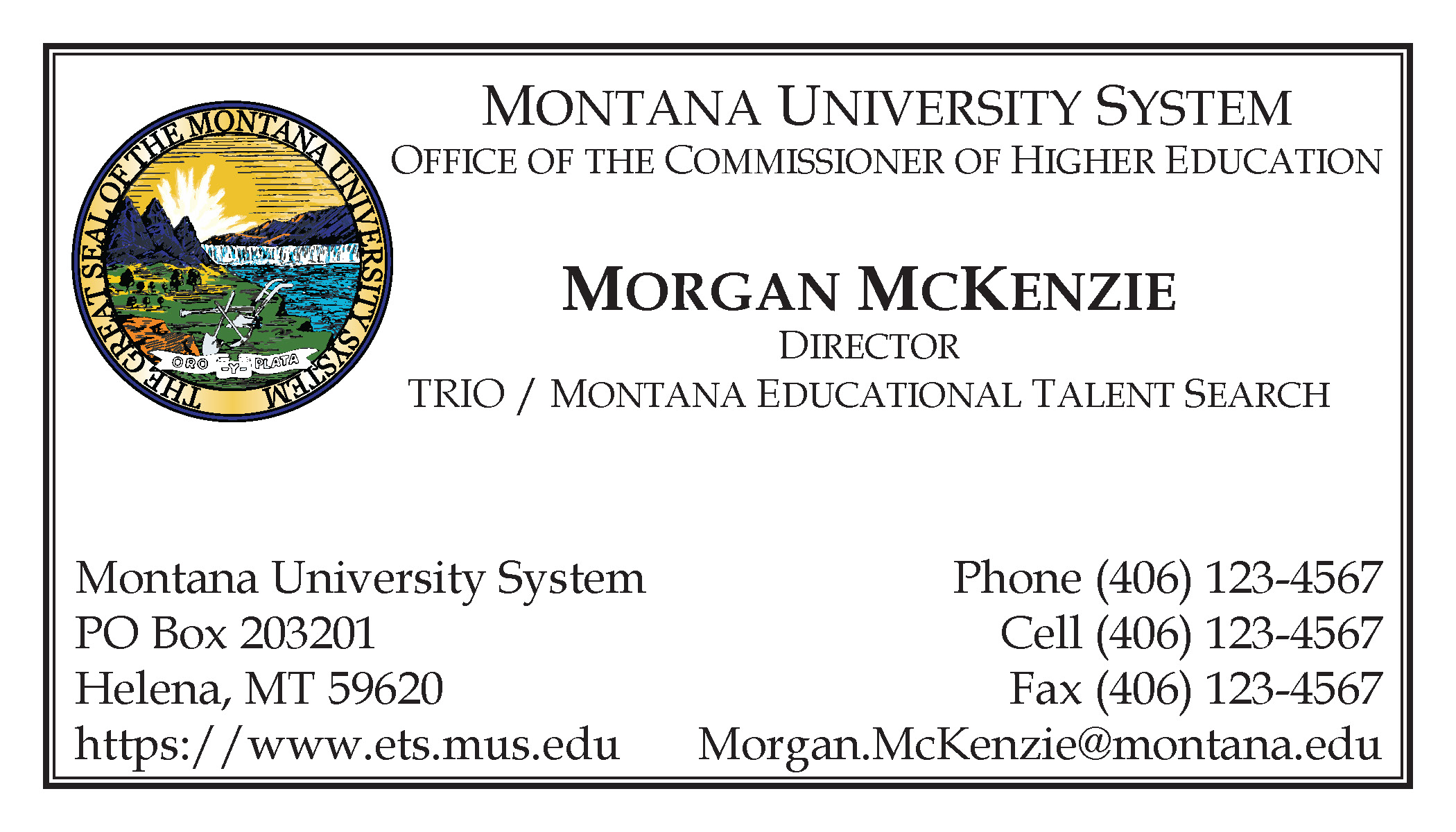 Business Card Template Montana University System Commissioner of Higher Education Option 2 Front