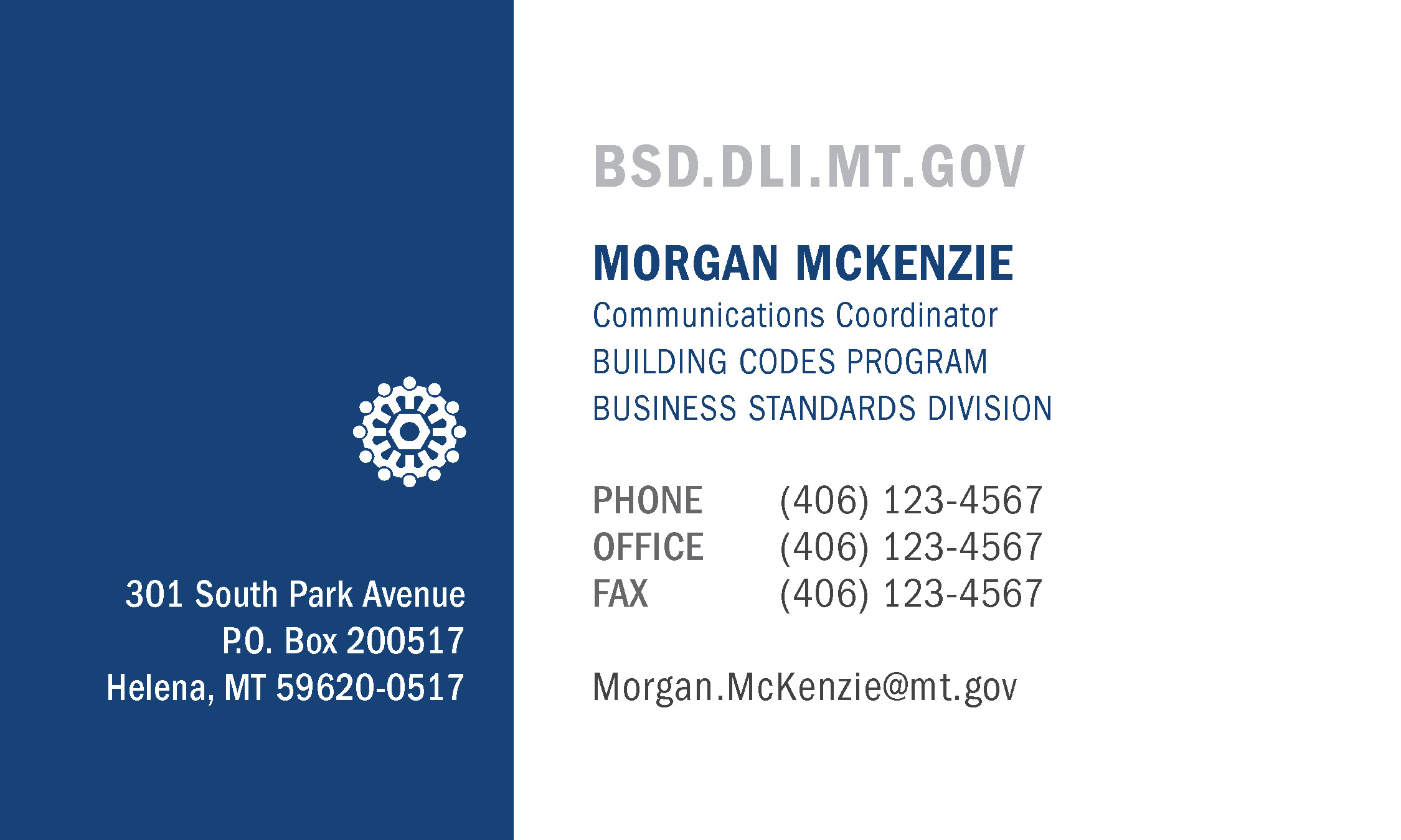 Business Card Template Montana Department of Labor and Industry Business Standards Division Option 1 Front