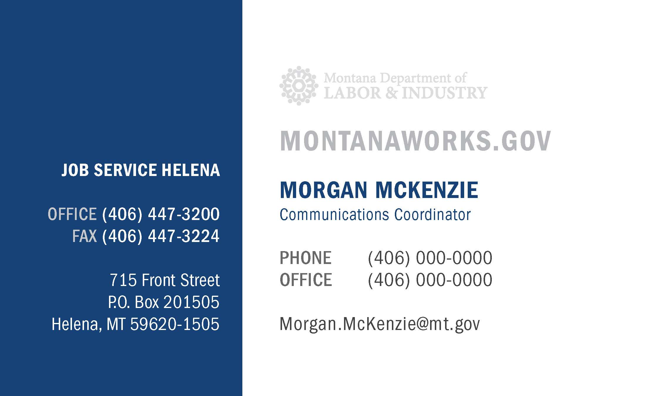 Business Card Template Montana Department of Labor and Industry Workforce Services Division Option 4 Front