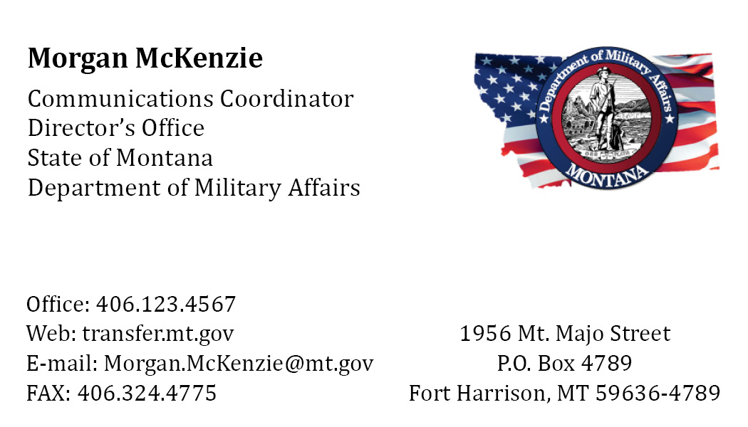 Business Card Template Montana Department of Military Affairs Option 2 Front