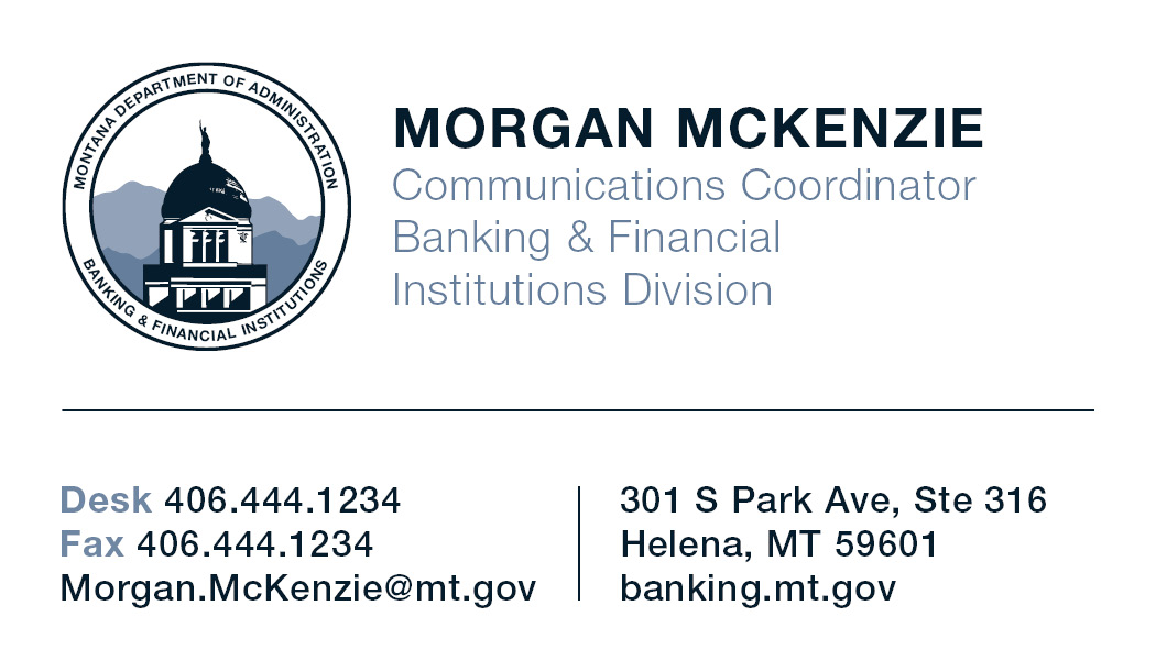 Business Card Template Montana Department of Administration Banking and Financial Institutions Option 2 Front