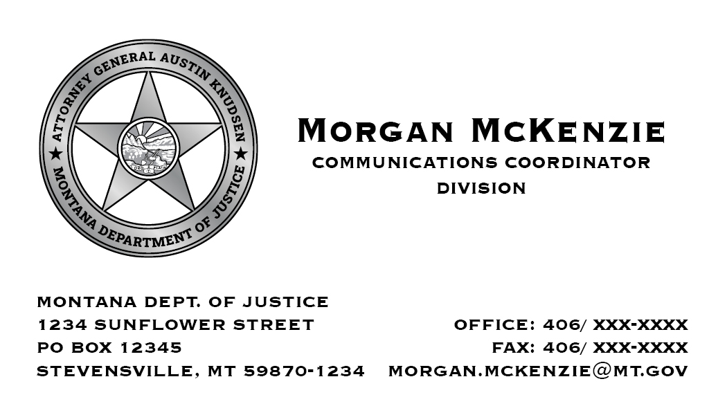 Business Card Template Montana Department of Justice Attorney General Option 1 Front A