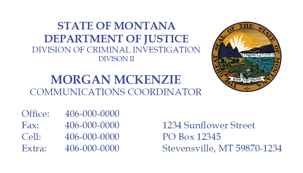 Business Card Template Montana Department of Justice Division of Criminal Investigation Option 2 Front