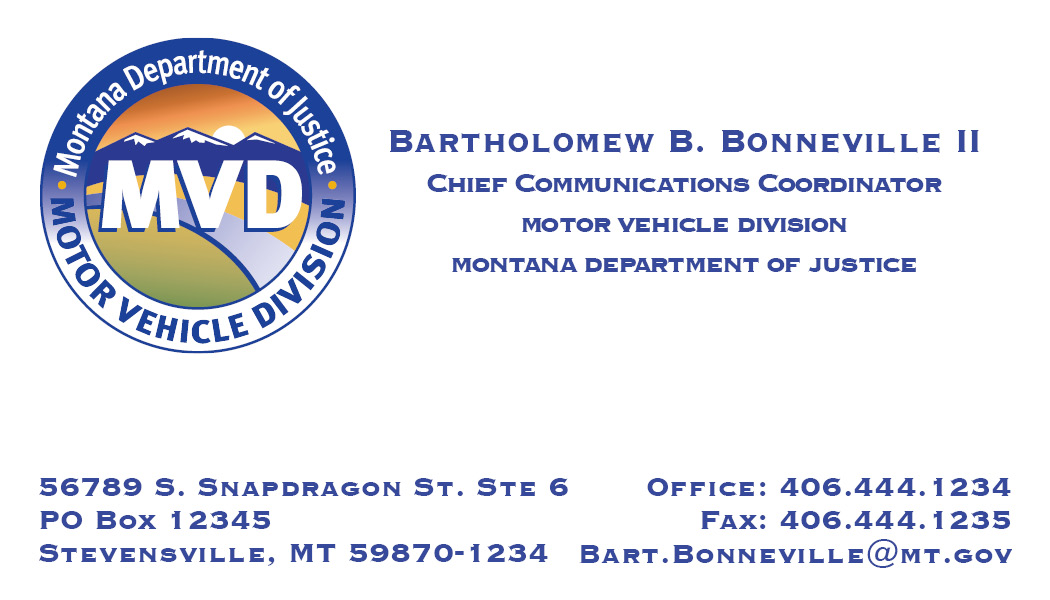 Business Card Template Montana Montana Department of Justice Motor Vehicle Division Option 3 Front