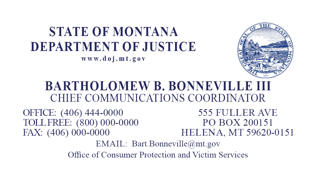 Business Card Template Montana Montana Department of Justice Consumer Protection and Victim Services Option 5 Front