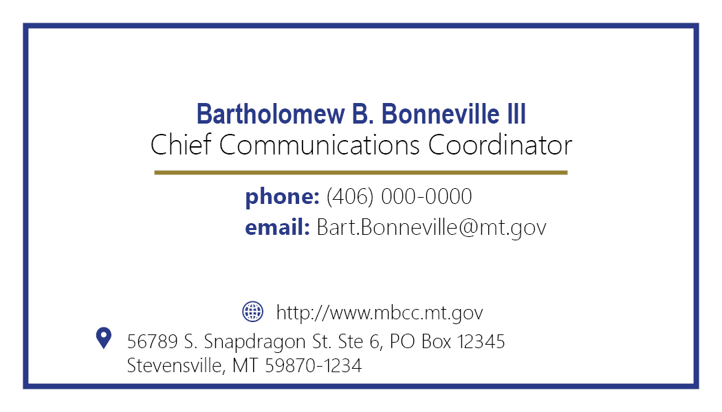 Business Card Template Montana Department of Justice Board of Crime Control Option 6 Front