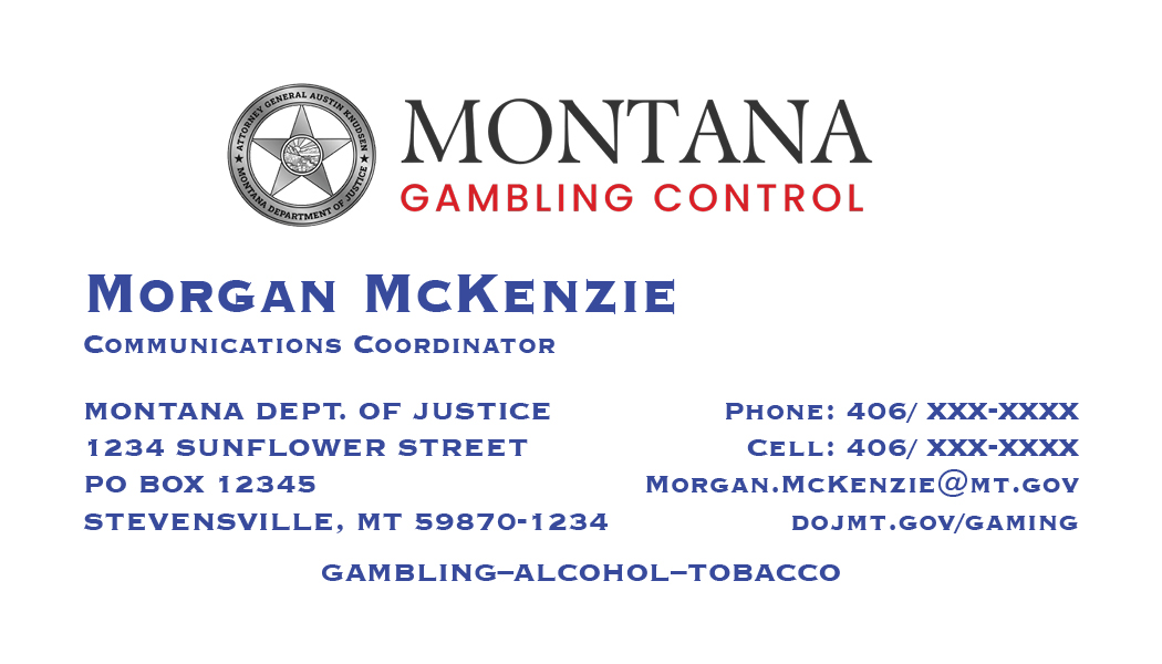 Business Card Template Montana Department of Justice Gambling Control Option 7 Front