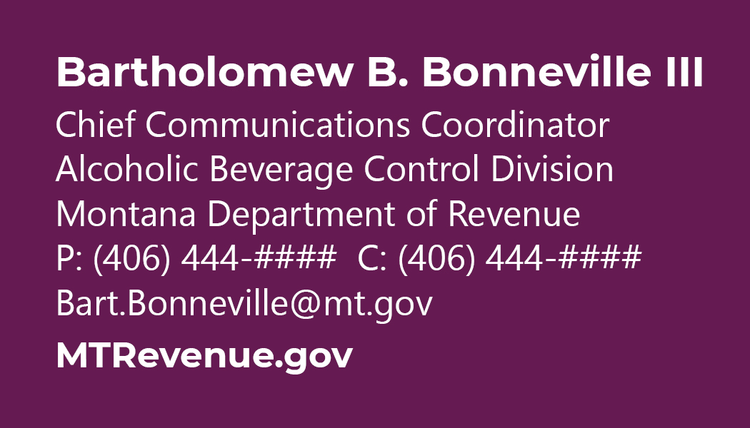 Business Card Template Montana Department of Revenue Alcohol Beverage Control Division Option 1 Front