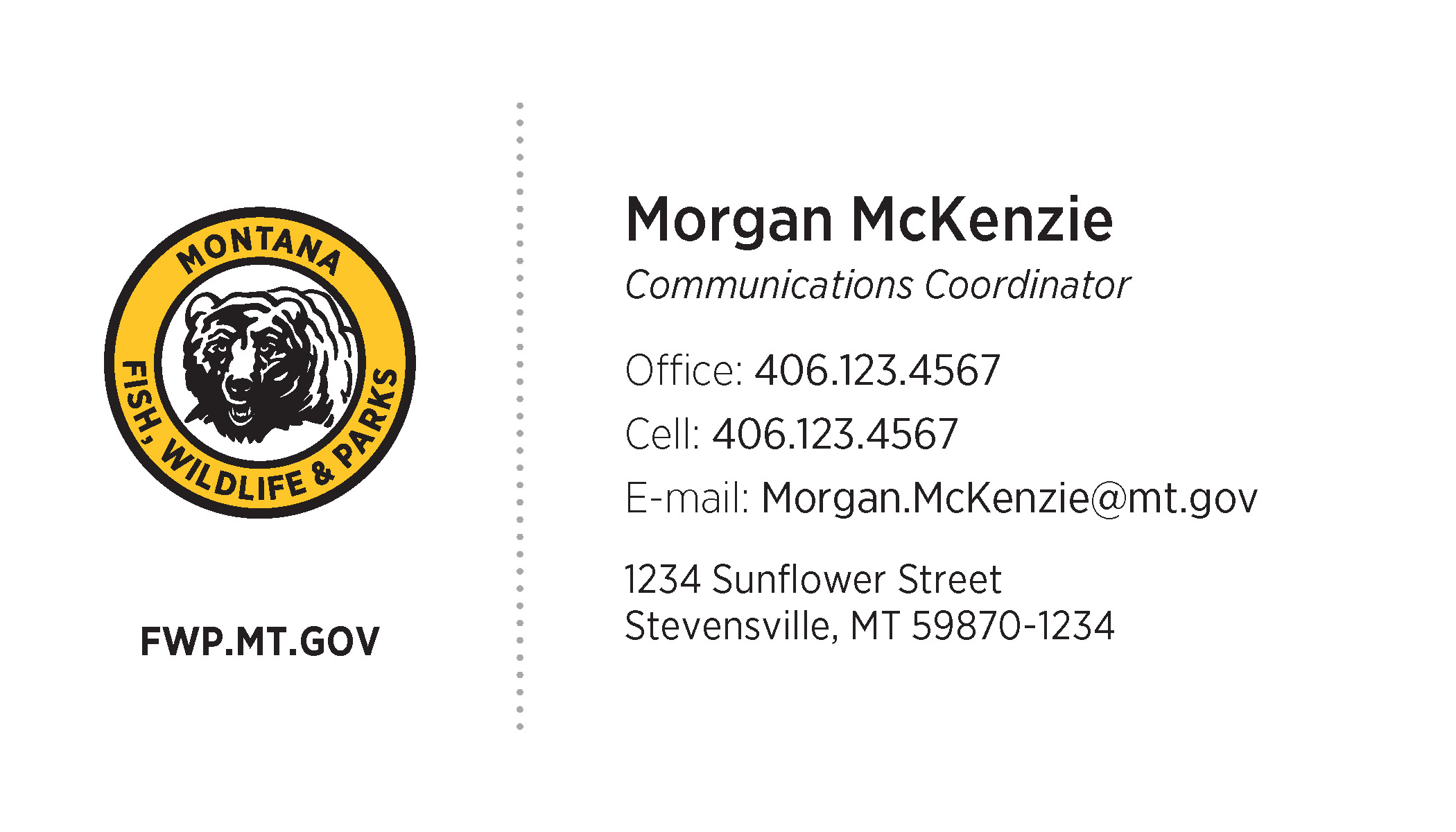 Business Card Template Montana Fish, Wildlife and Parks Option 1 Front