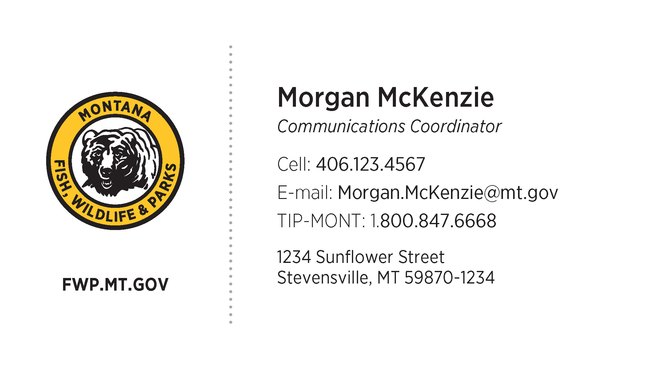 Business Card Template Montana Fish, Wildlife and Parks Enforcement Division Option 2 Front