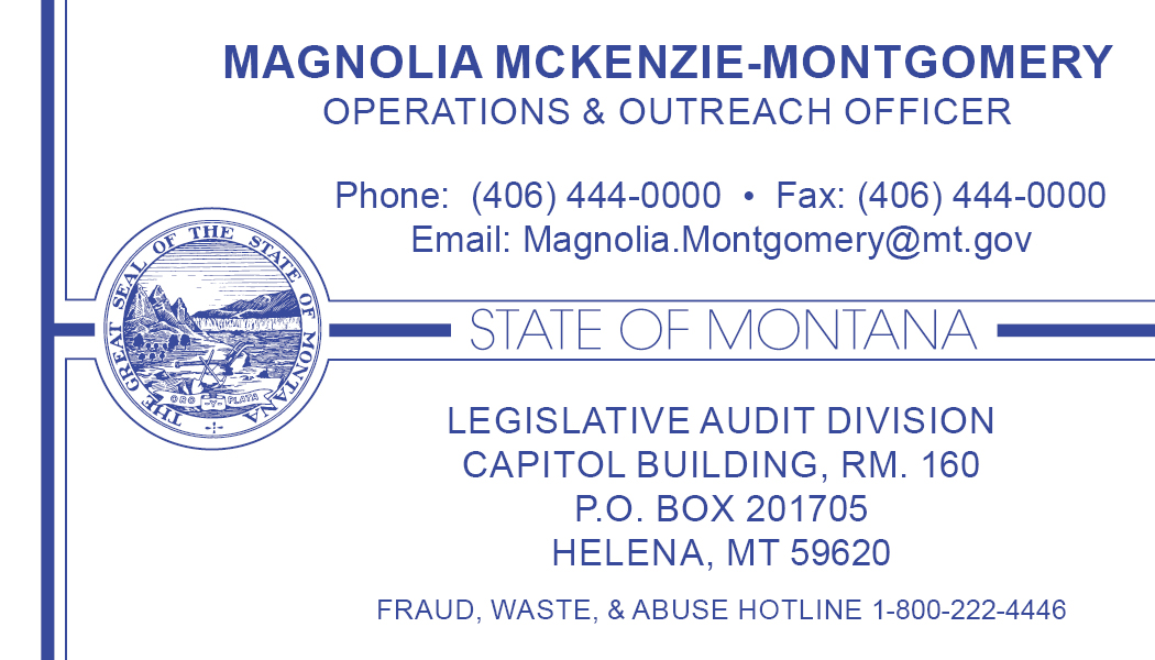 Business Card Template Montana Legislative Audit Division Option 1 Front