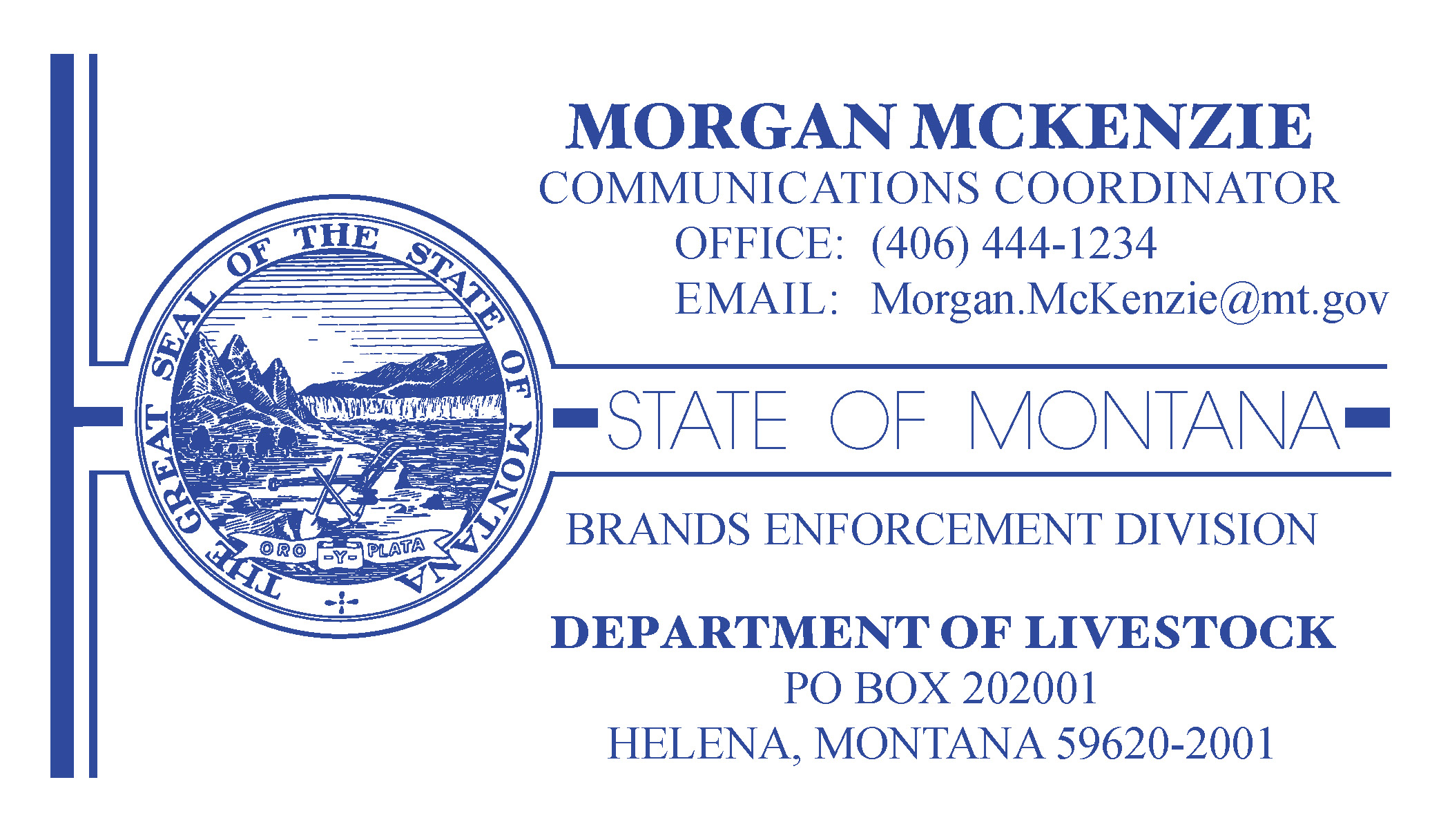 Business Card Template Montana Department of Livestock Brands Enforcement Division Option 1 Front