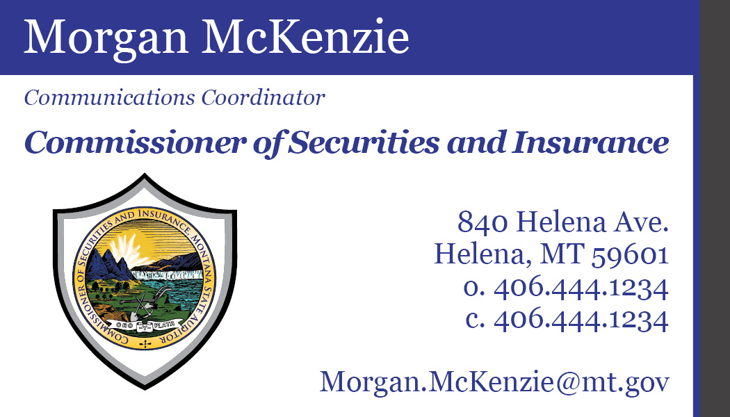 Business Card Template Montana State Auditor, Securities and Insurance Commissioner Front